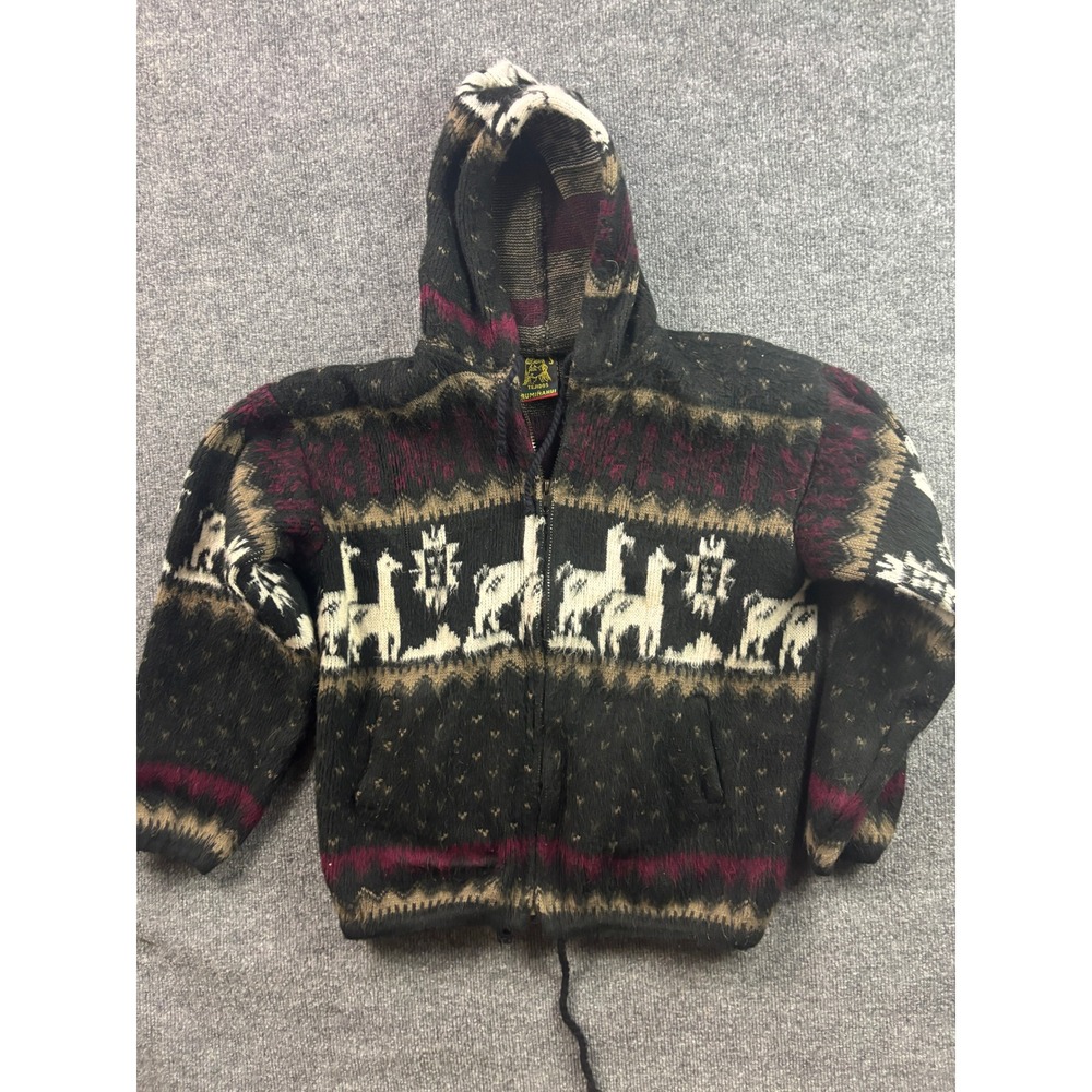 Tejidos Ruminahui Alpaca Hooded Sweater Mens S Black Burgundy Zip Up‎ Ecuador